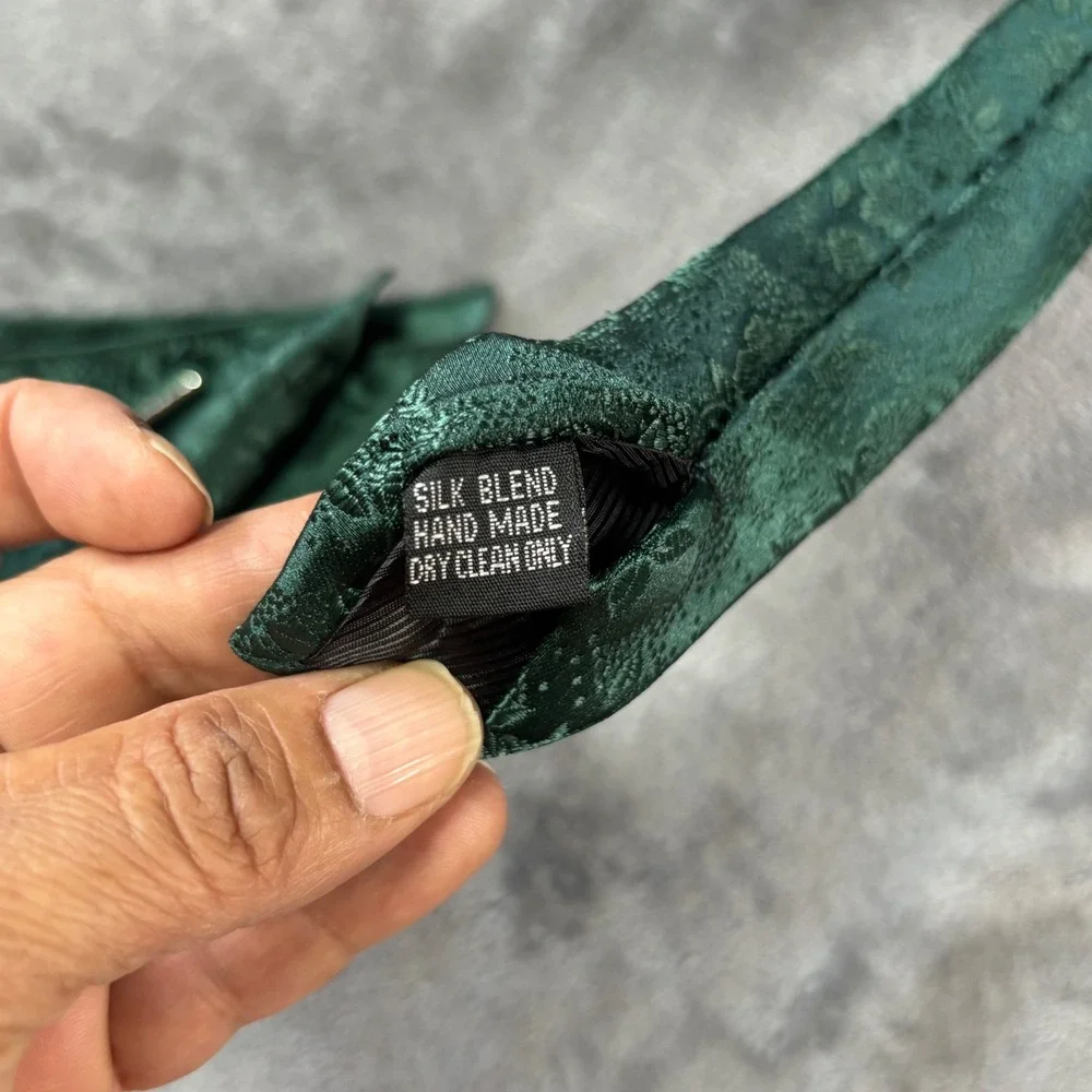 Jemygins Mens Green Floral Silk Blend Tie Pocket Square Tie Clip Set Hand Made